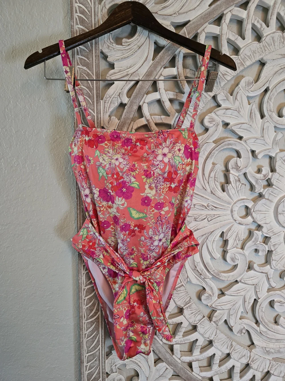 Victoria's Secret Women's Coral Pink Floral One Piece Tie Front Swimsuit S